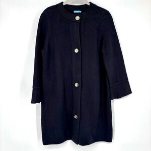 J. McLaughlin Black Knit Coatigan Sz M Gold Buttons Thick Knit Cardigan Jacket